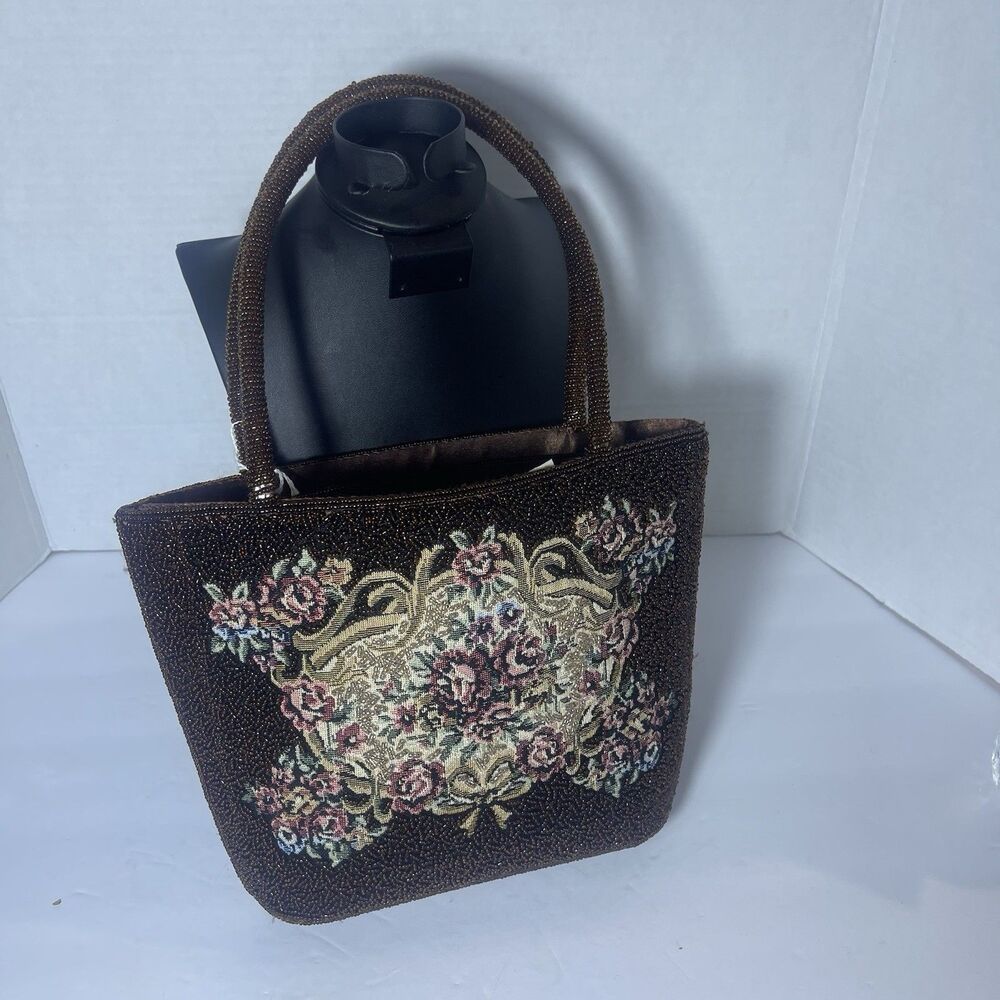 Vintage 1950s Black Floral Rose Tapestry Beaded Walborg Purse